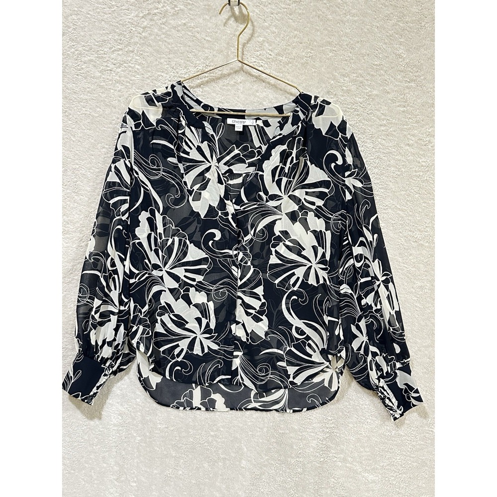 NWT Chico's Kasbah Sleeve Navy White Top Blouse Lightweight Sheer Size 3 US 16‎